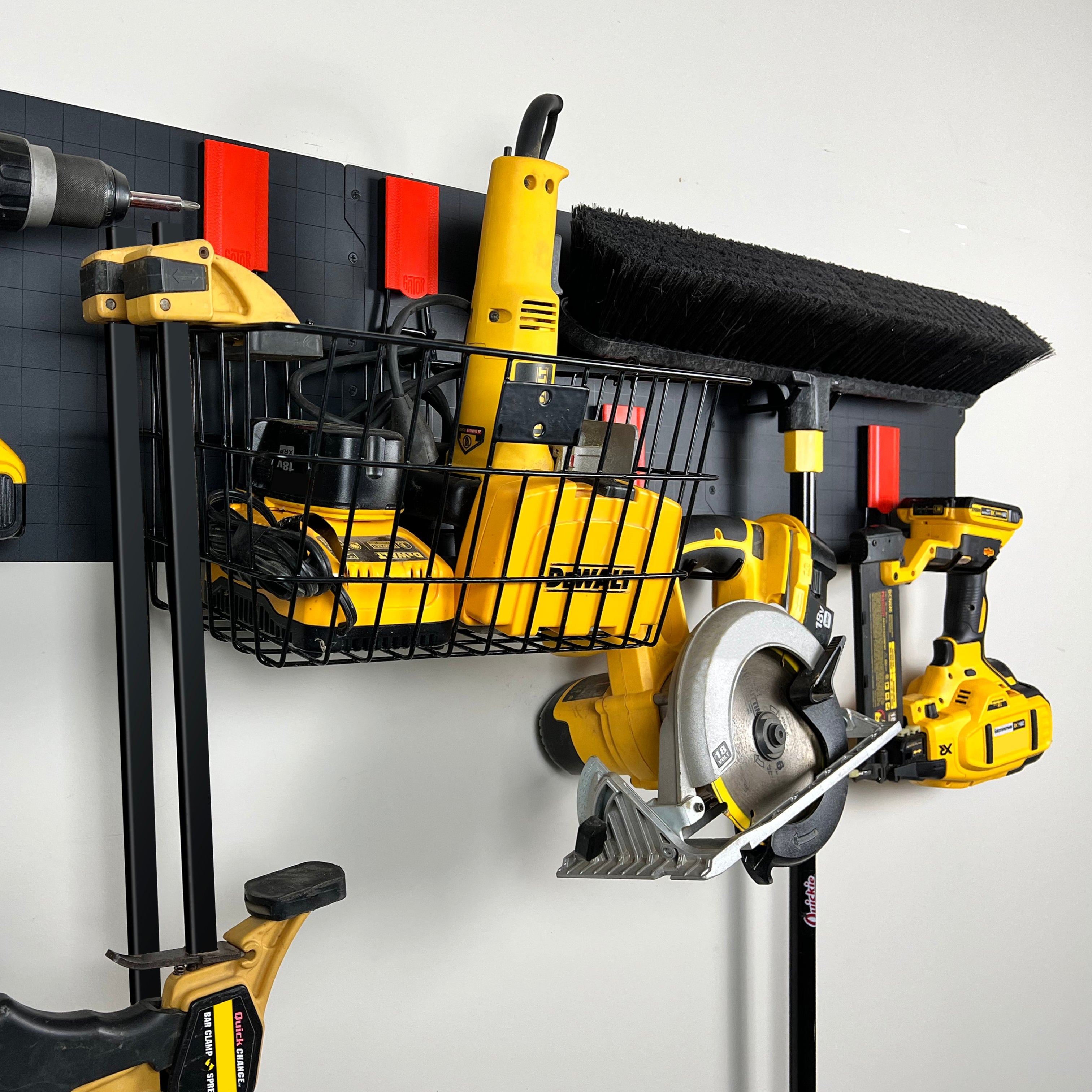 magnetic strip holding tools on small workshop wall