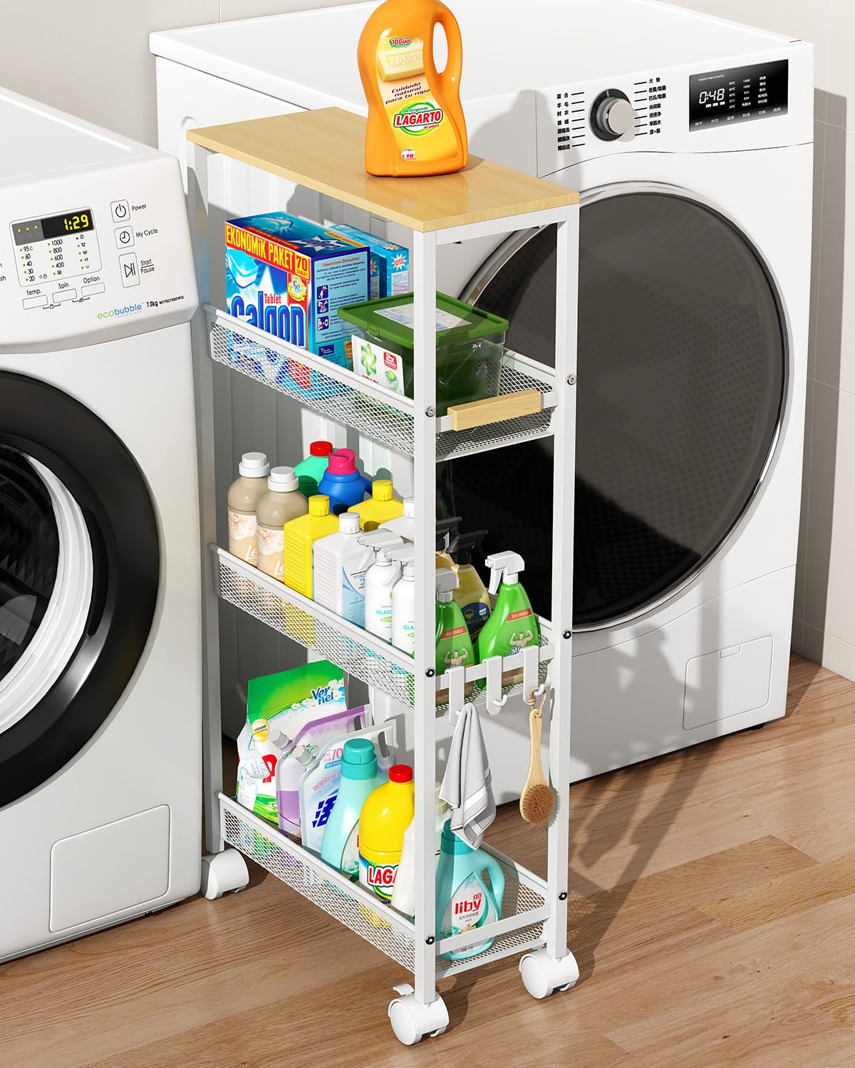 rolling utility cart with organized supplies in small bathroom