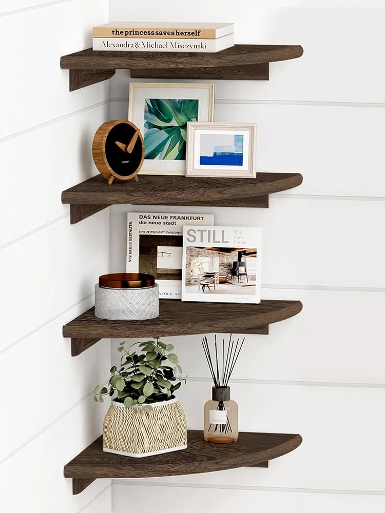 corner floating shelves with plants and decor in small bedroom