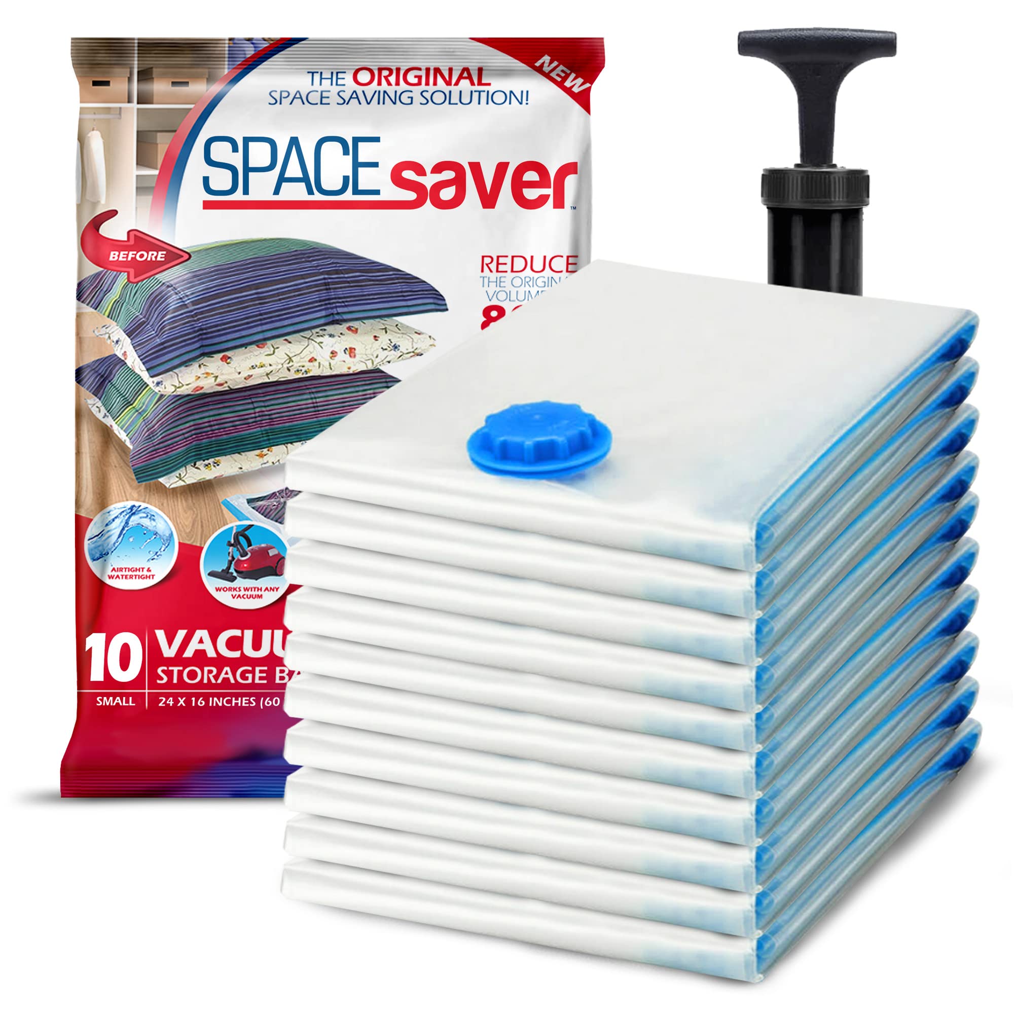 vacuum sealed bags storing clothes in small closet