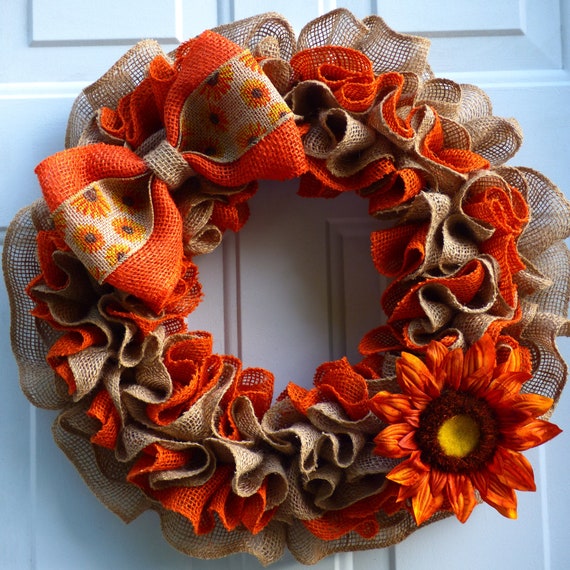 burlap autumn wreath on front door