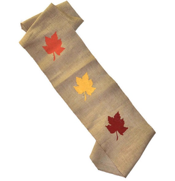 burlap table runner with fall leaves