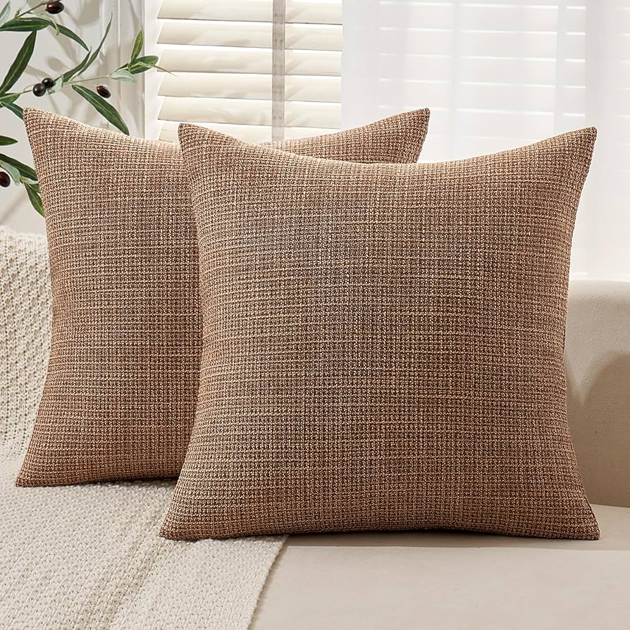 burlap throw pillows on sofa