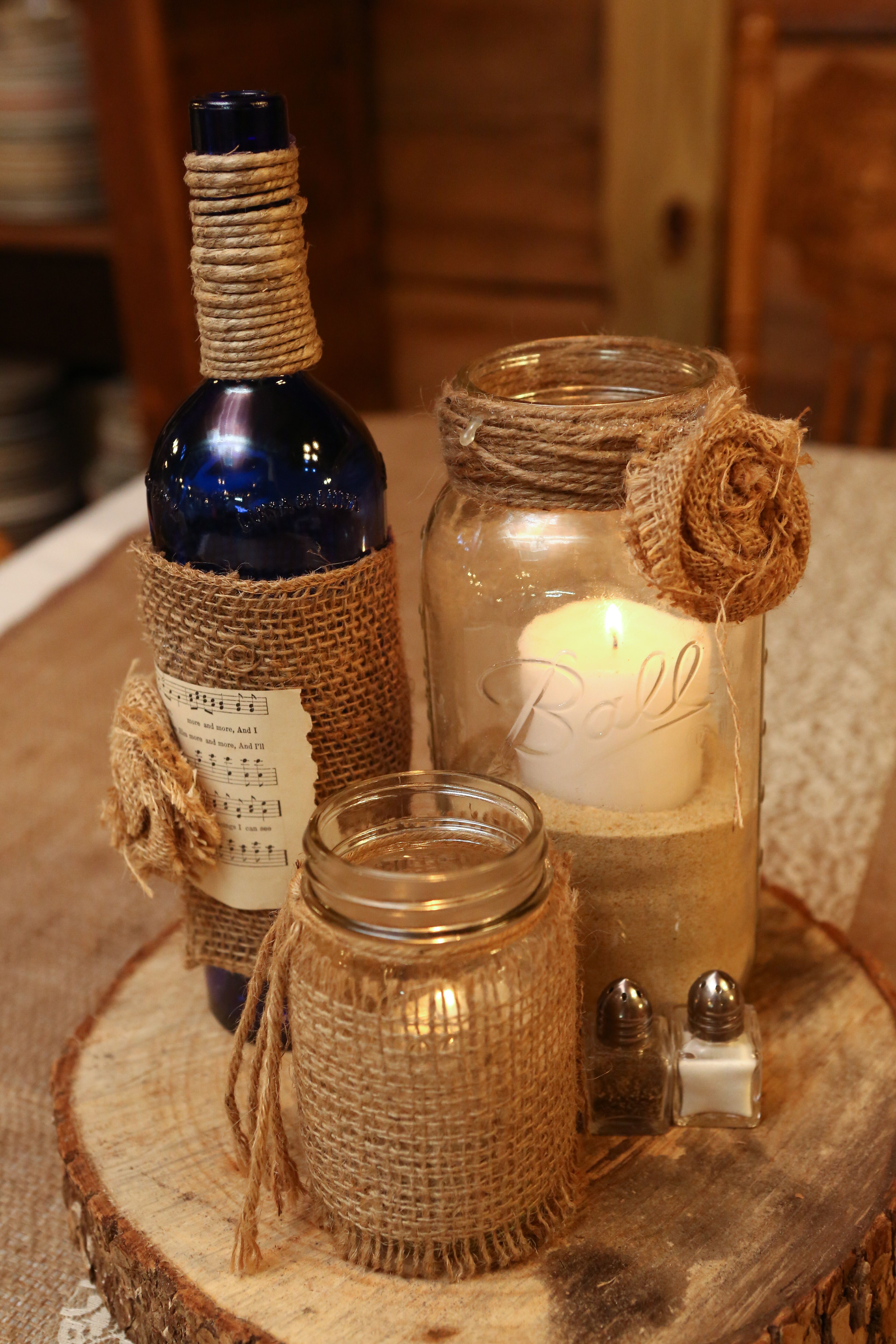 burlap wrapped mason jars with candles