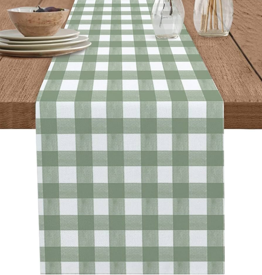 plaid table runner on kitchen island with fall decor