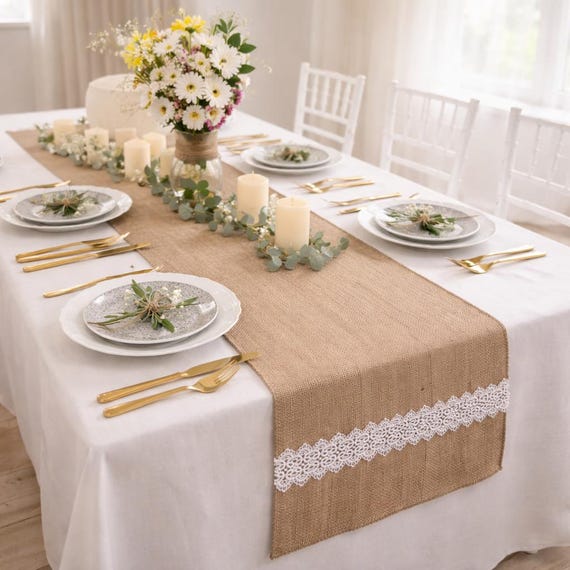 burlap and lace runner on kitchen sideboard