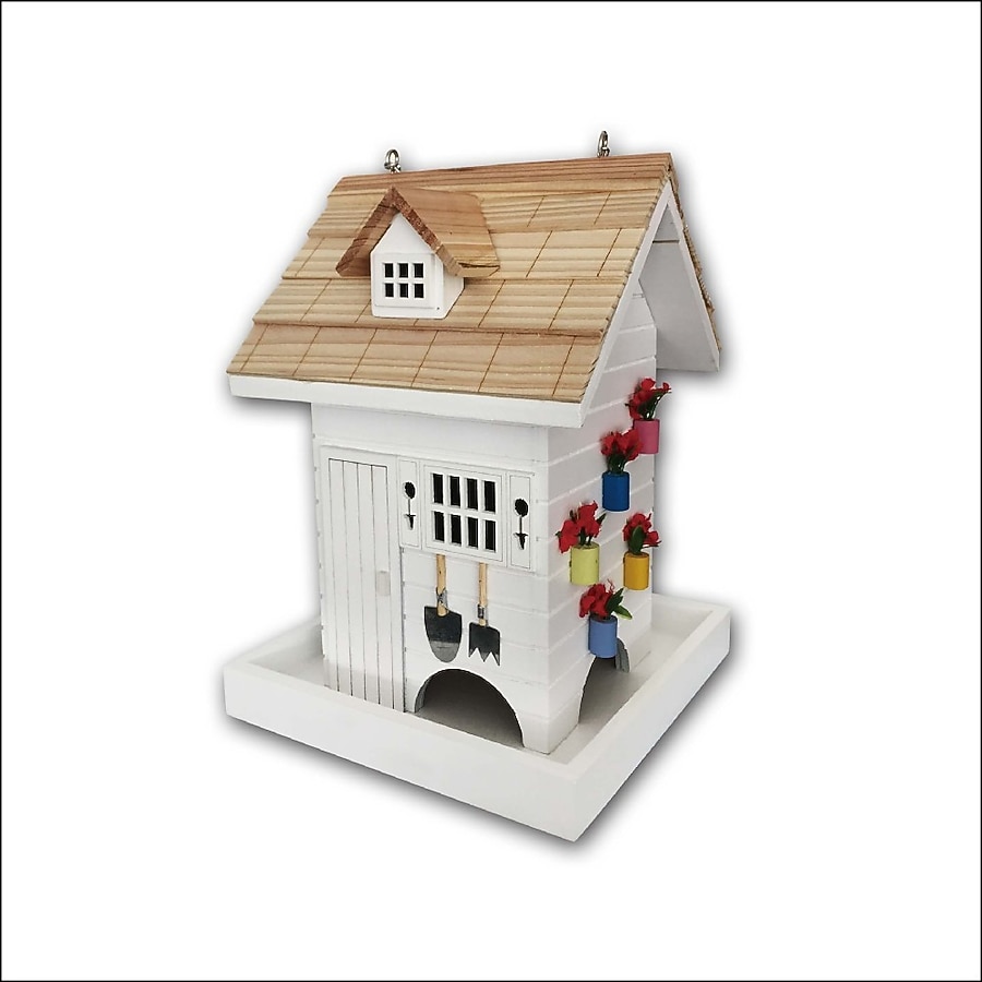 wooden tray bird feeder on post