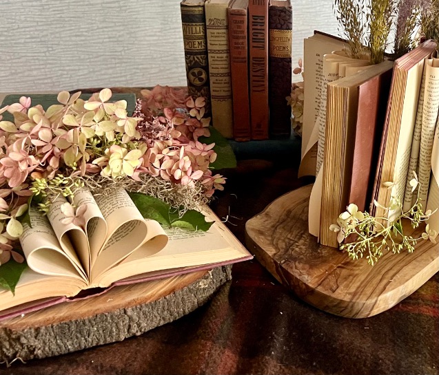 stacked old books centerpiece