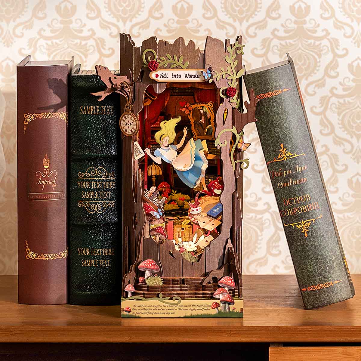 stacked books fall display