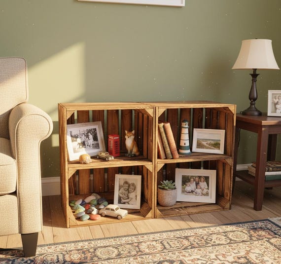 wooden crate shelves in living room