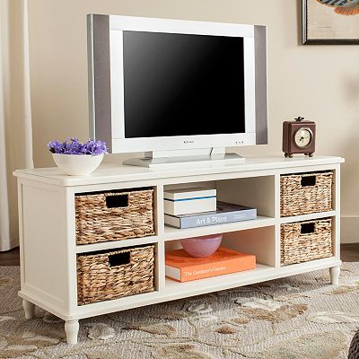 tv stand with woven baskets living room