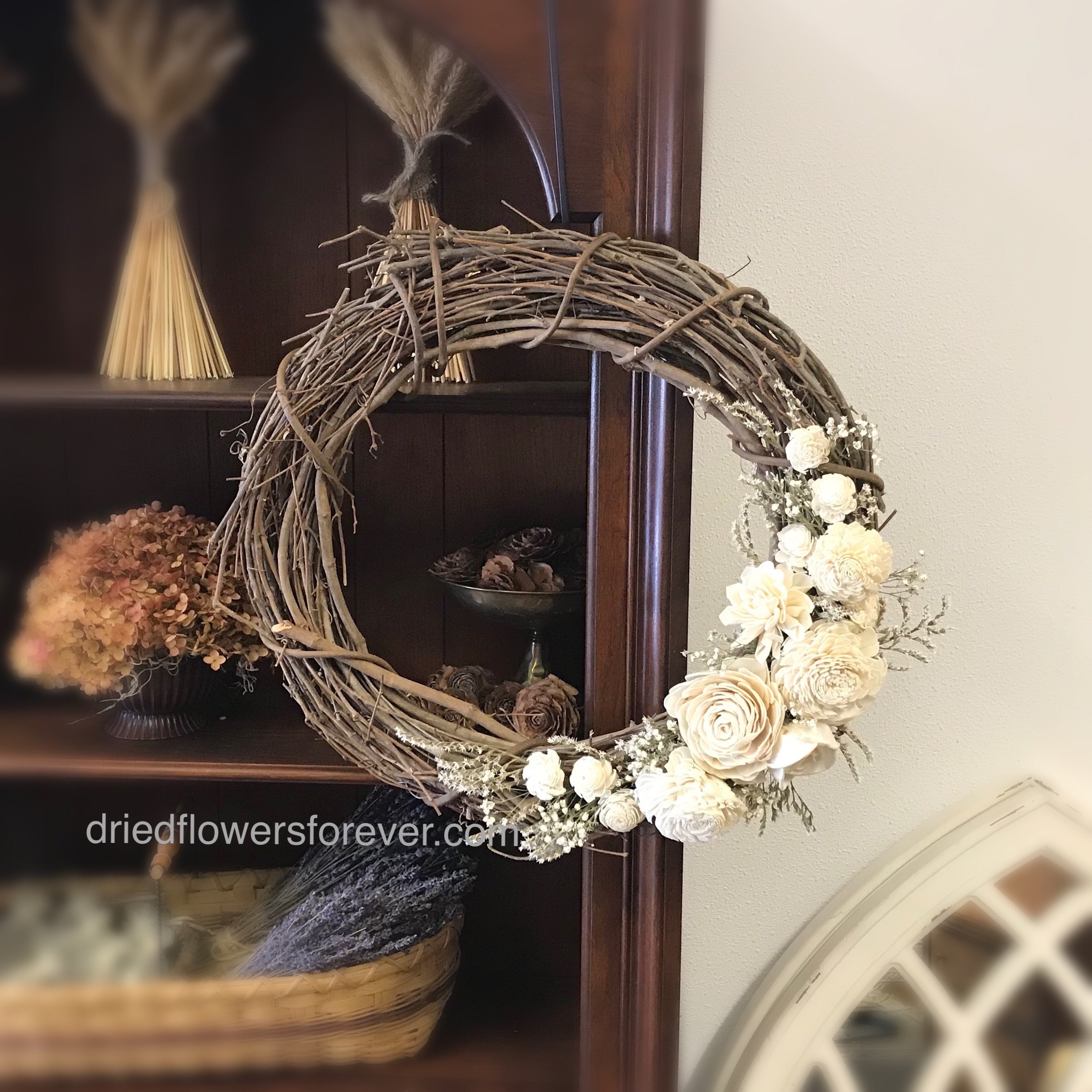 grapevine wreath with dried flowers