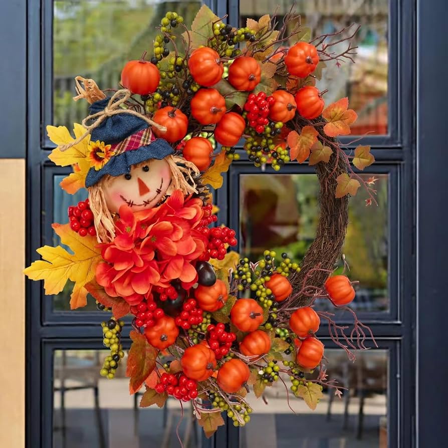 pumpkin wreath on front door