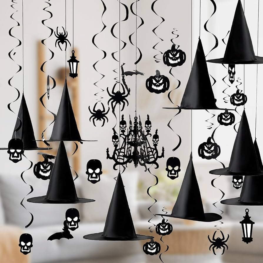 hanging pumpkin ornaments from porch ceiling