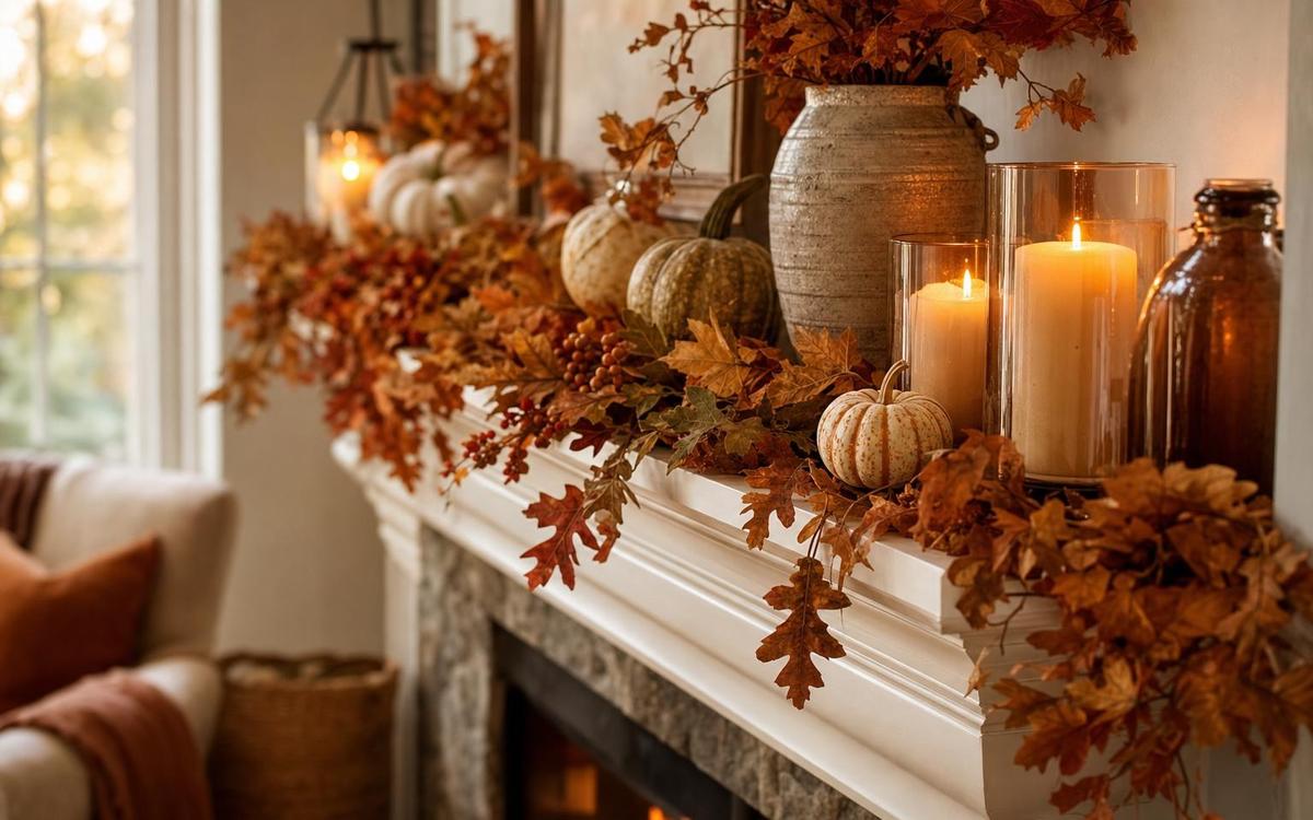 candle cluster on fall mantel