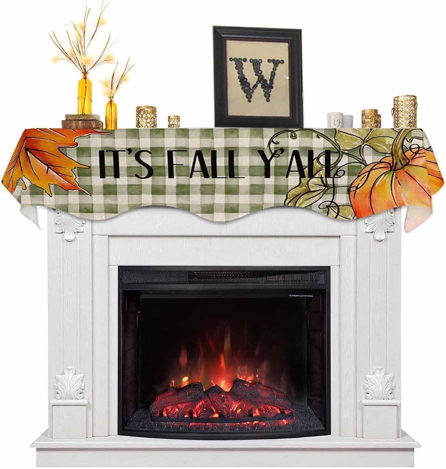 plaid runner on fall mantel
