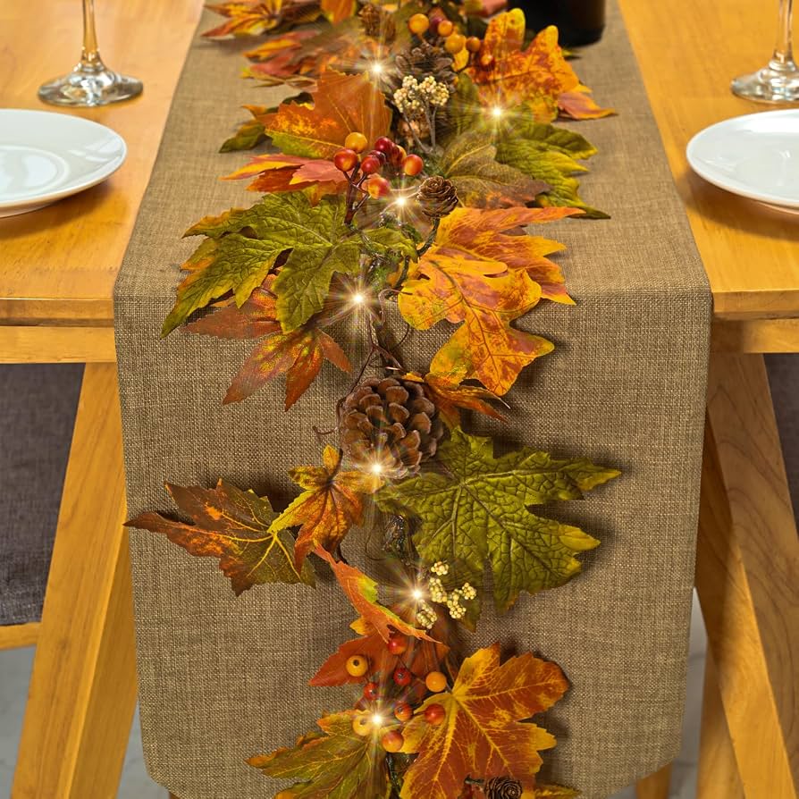 autumn leaf garland draped on mantel