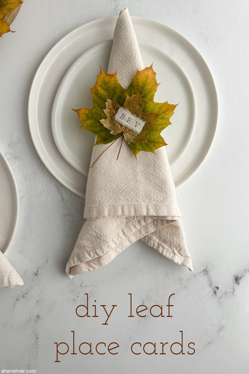 leaf place cards on thanksgiving plates