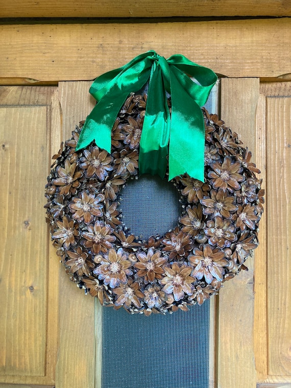satin ribbon pinecone wreath