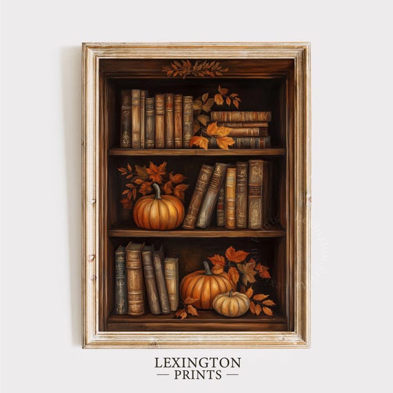 fall decorated bookshelf with pumpkins and books