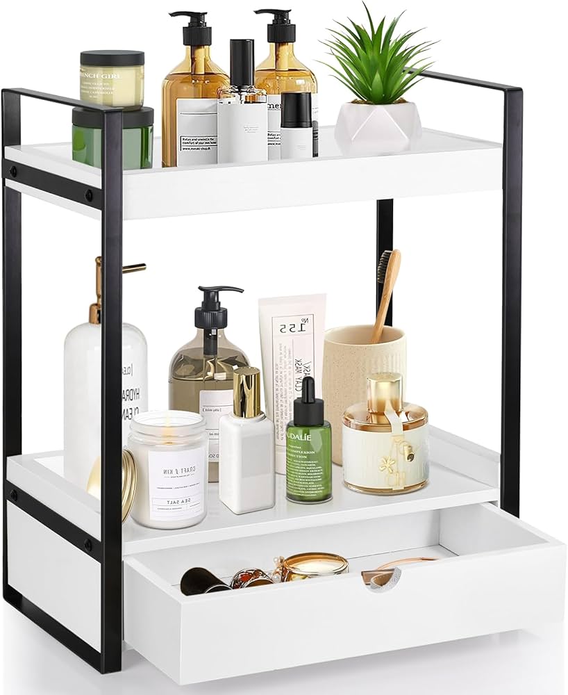 wooden tray with fall decor on organized shelf