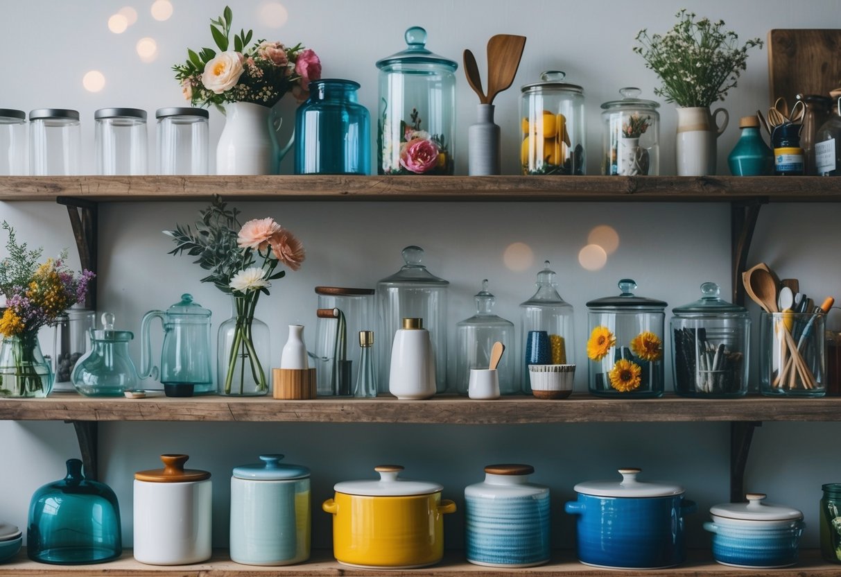 glass containers with pinecones on shelf