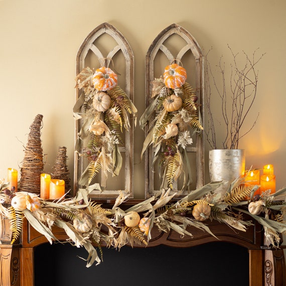 corn husk garland draped on fireplace mantel