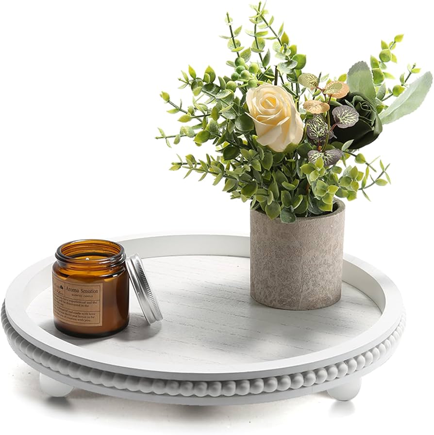 wooden tray with fall decor on coffee table