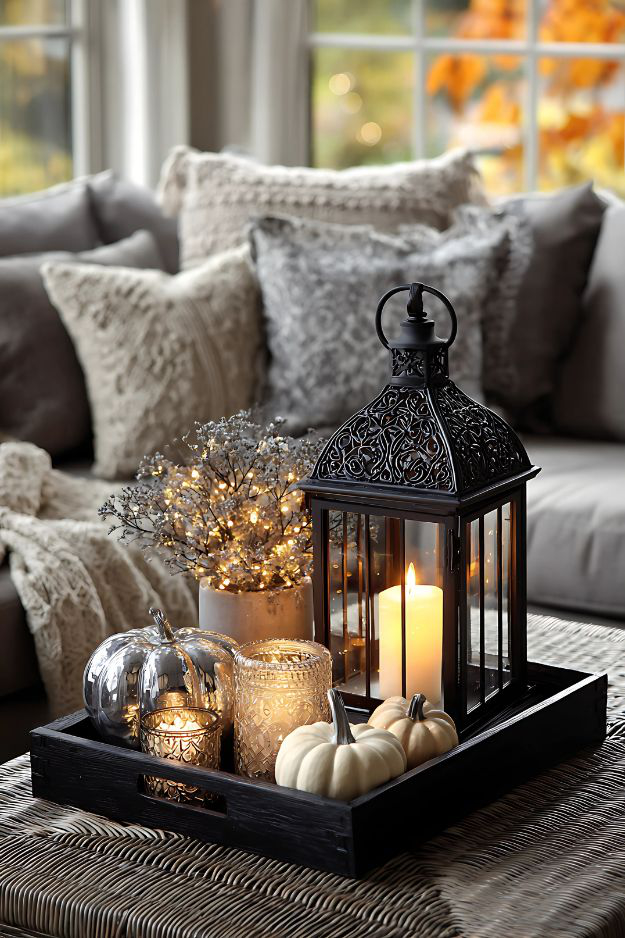 lanterns and candles on fall coffee table