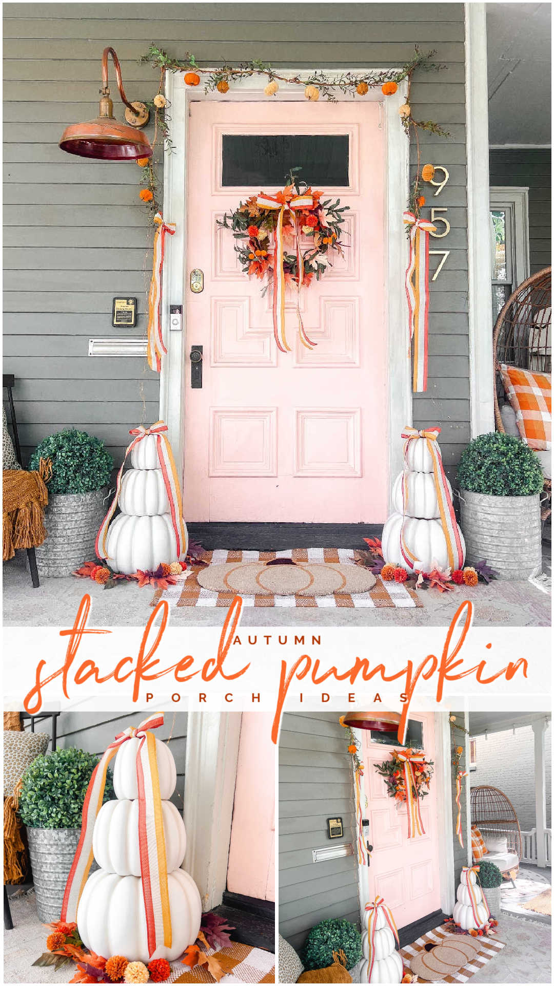 stacked pumpkins on porch steps