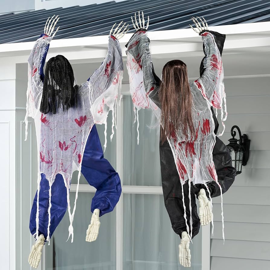 skeleton decoration climbing porch wall