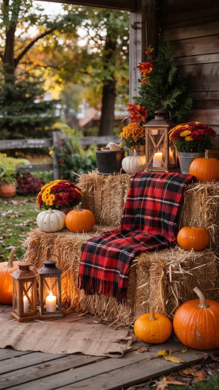 hay bales on halloween porch with blankets