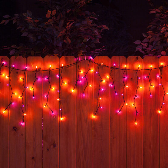 orange and black string lights on halloween porch