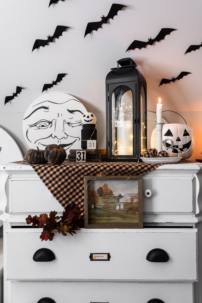 black and white halloween living room setup