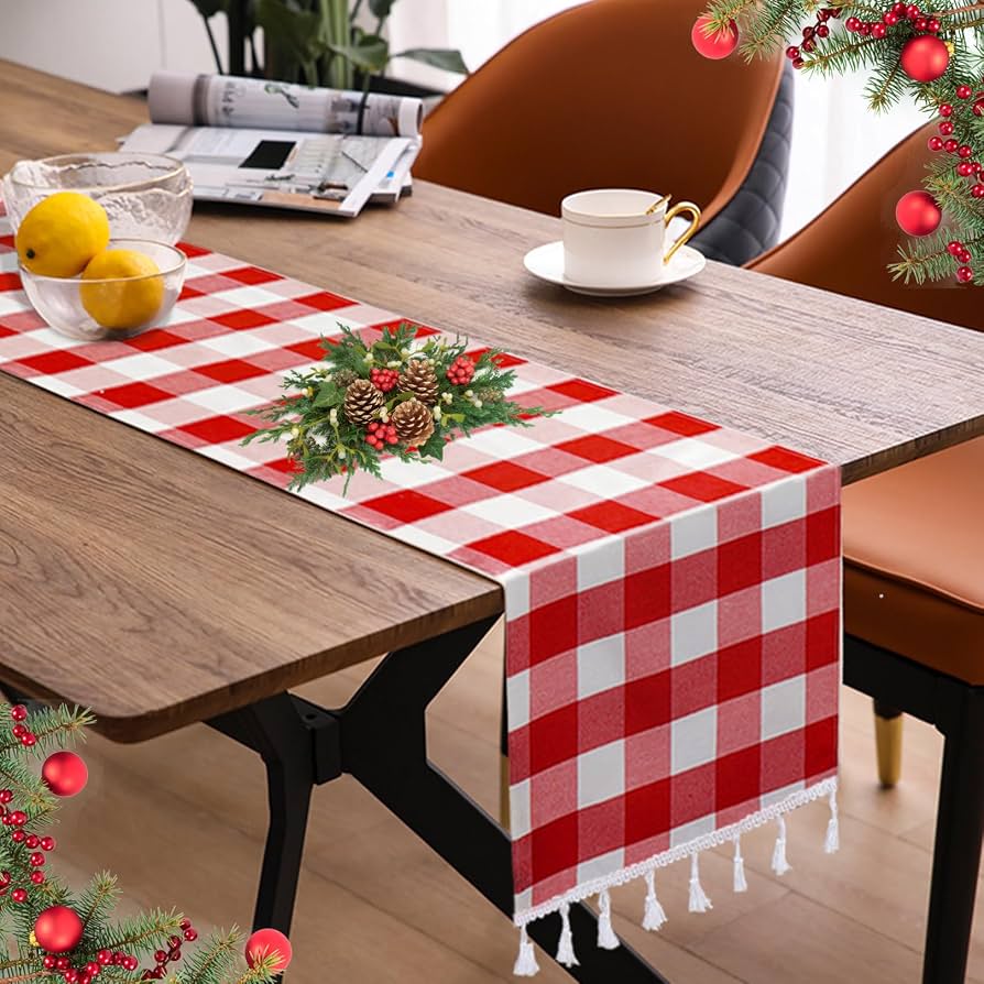 black and white checkered table runner on dining table