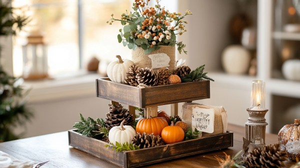 mini gourds cluster on wooden tray centerpiece