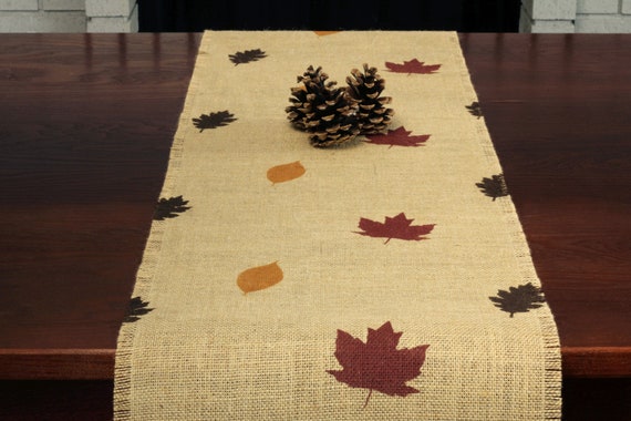 burlap table runner with dried leaves