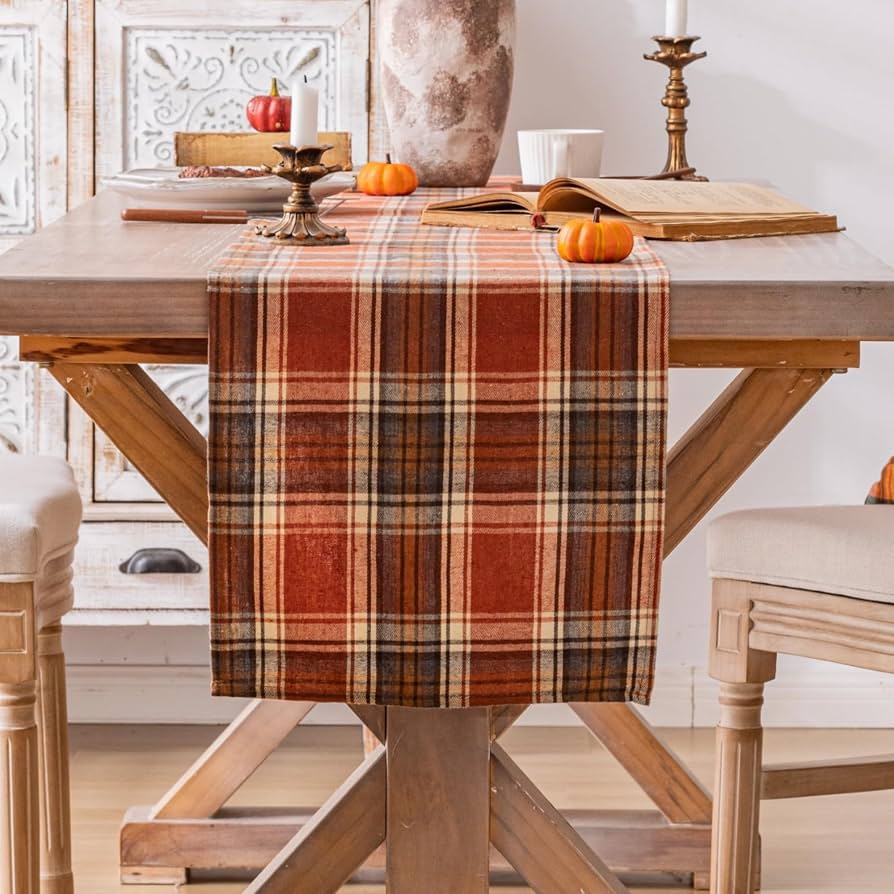 plaid fall table runner on dining table