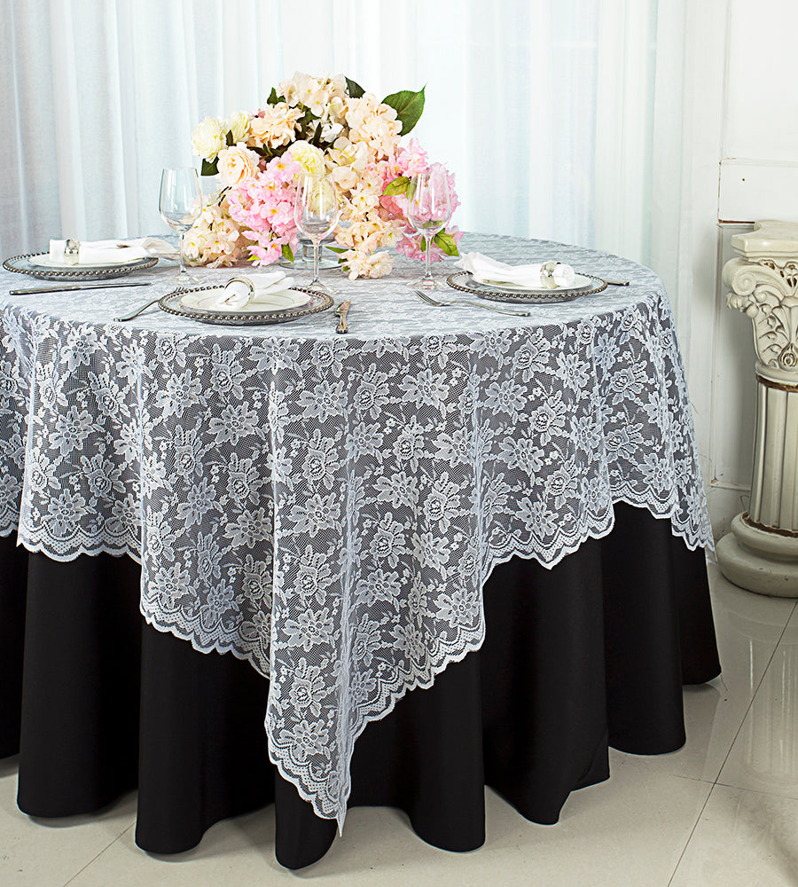 lace overlay table runner on colored fabric