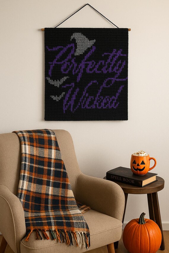 crochet pumpkin wall hanging in living room