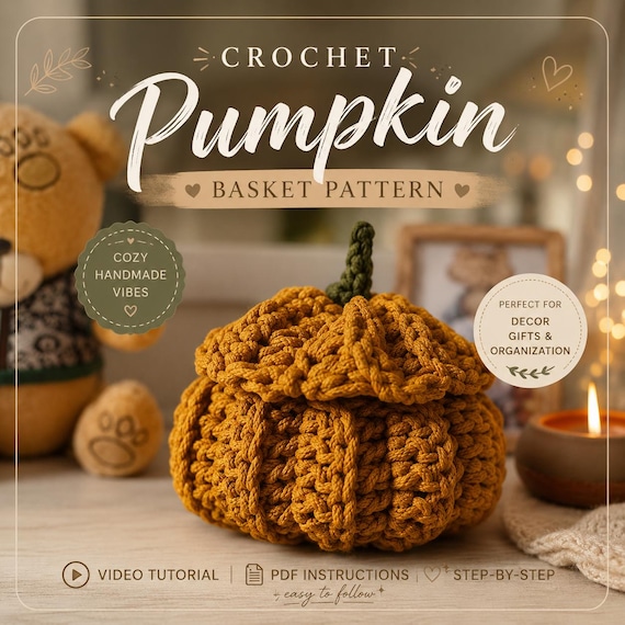 crochet pumpkin basket on shelf