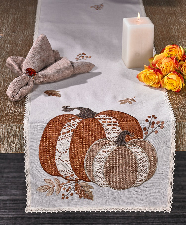 crochet pumpkins on table runner
