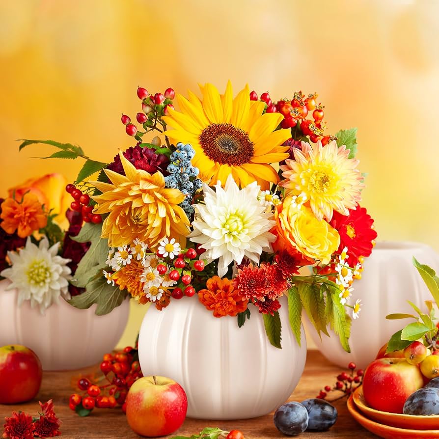pumpkin vase with fall flowers