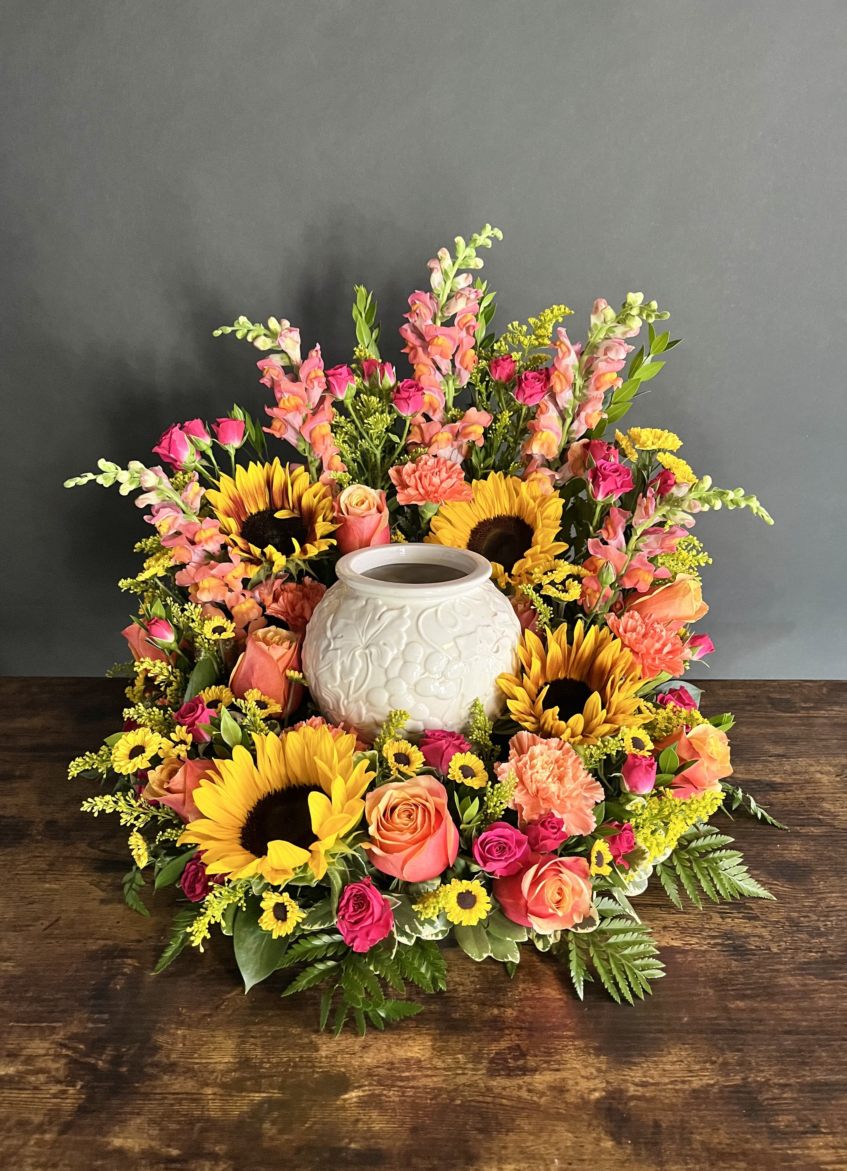 ceramic urn fall floral arrangement