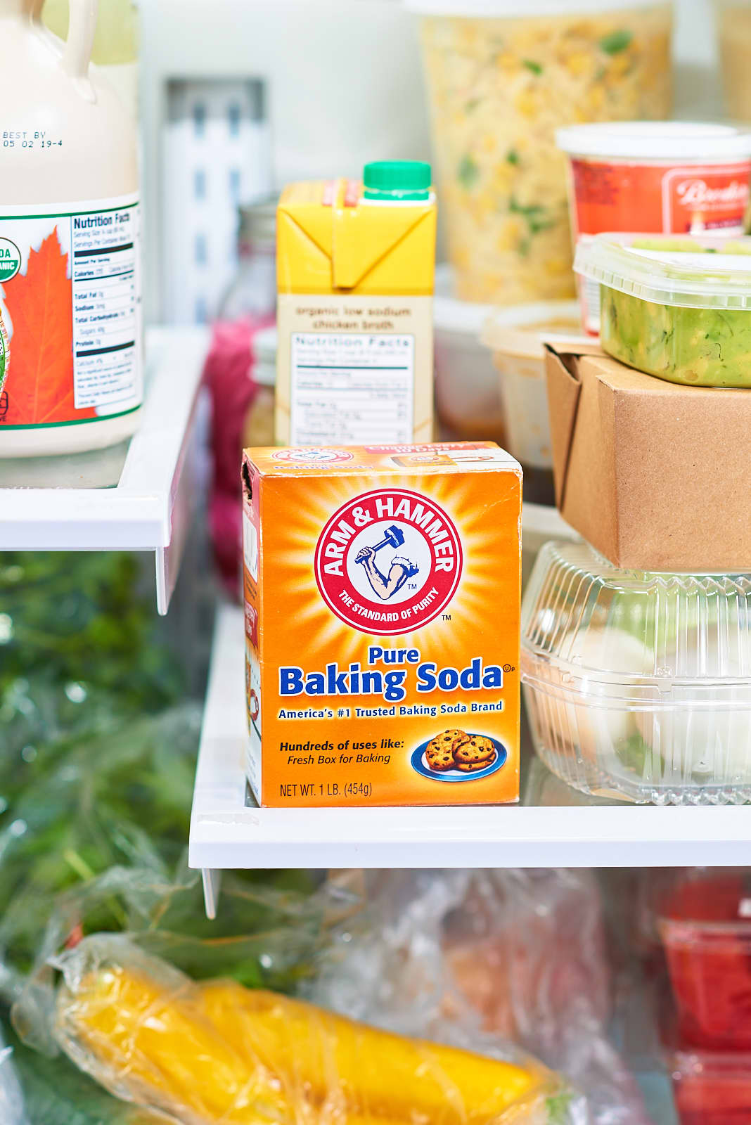 open box of baking soda in fridge