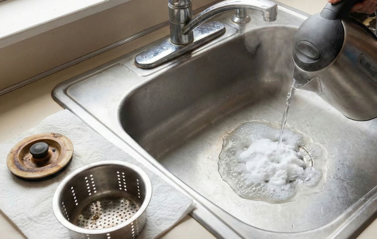 baking soda poured into kitchen sink drain