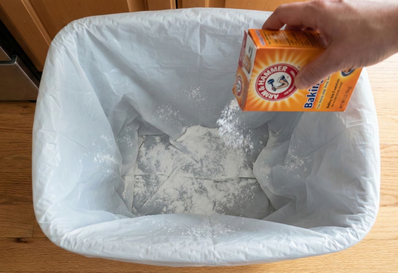 baking soda sprinkled in trash can