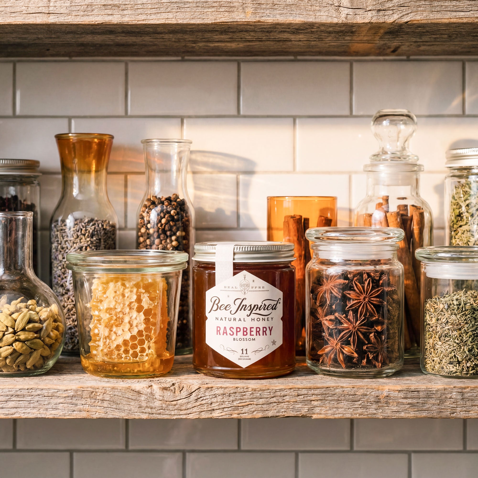 jar of aged honey on wooden shelf