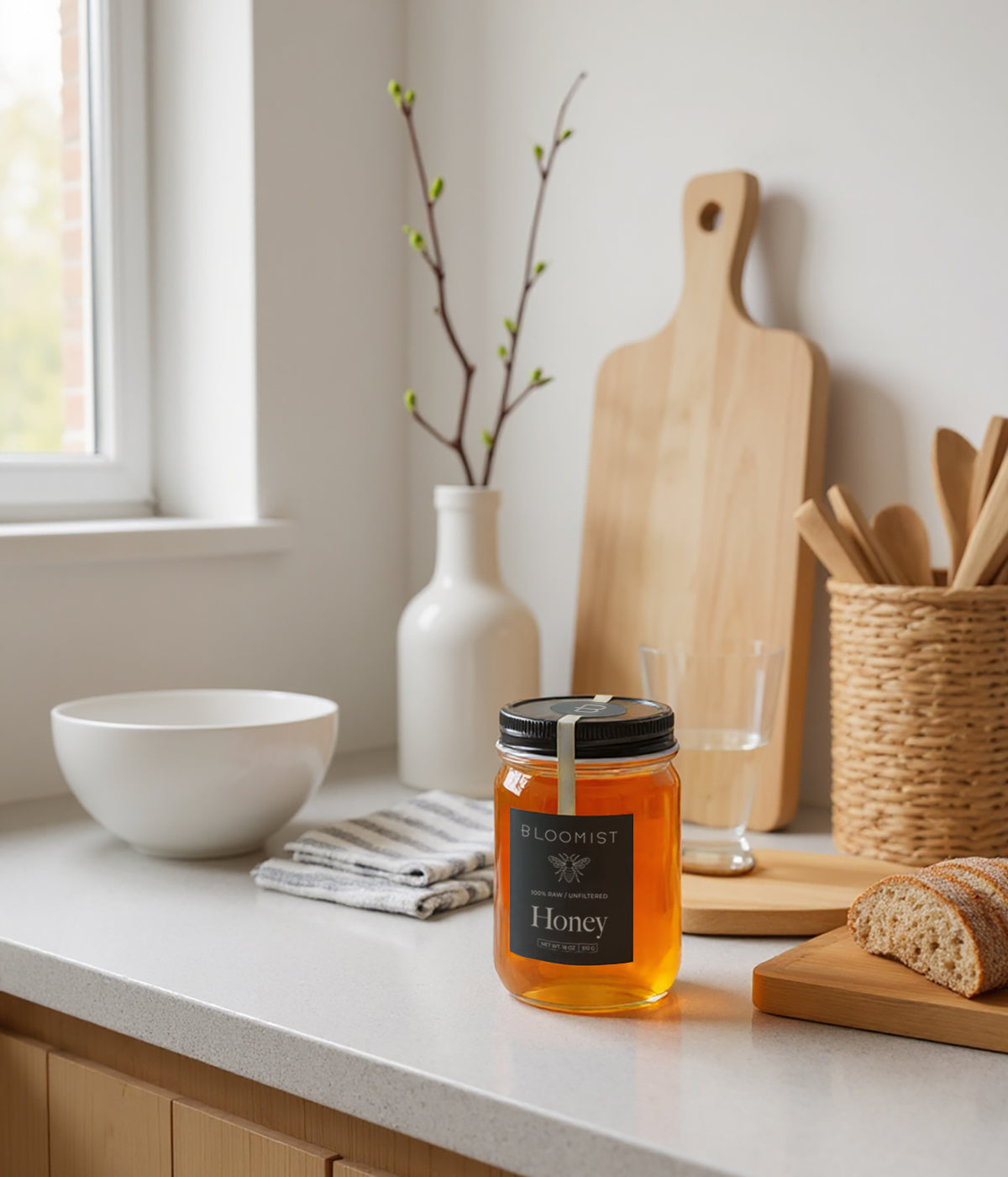 honey jar with lid removed on counter