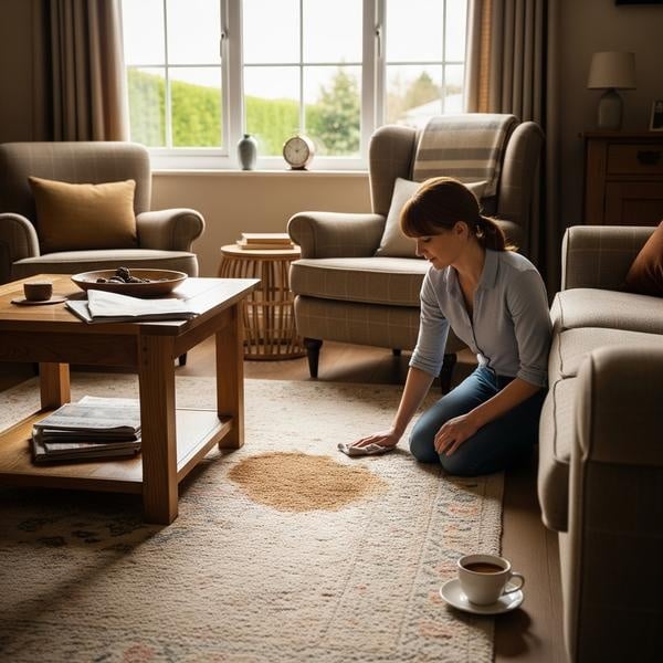 paper towels blotting wet coffee on carpet